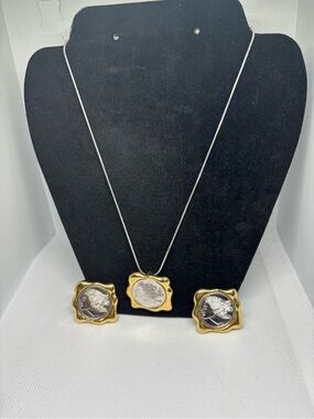 Vintage Gold-Tone & Silver Coin Pendant Necklace and clip on Earrings Set